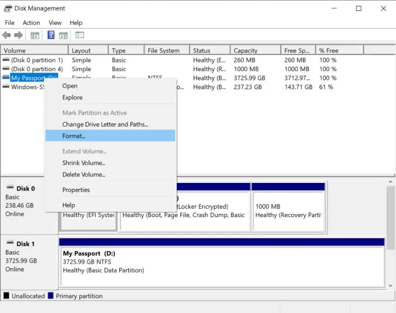 A screenshot showing the Format option in Disk Management on Windows.
