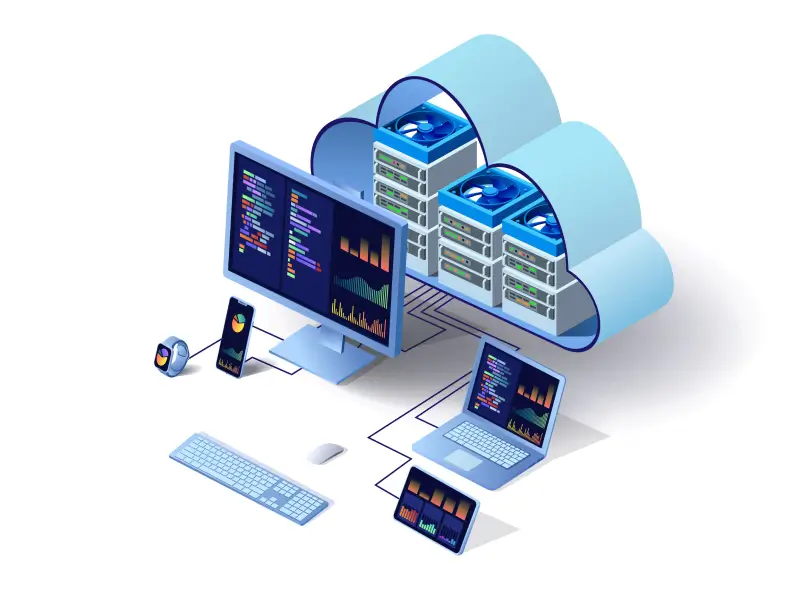 A concept of cloud computing that shows multiple devices accessing files stored at a data center