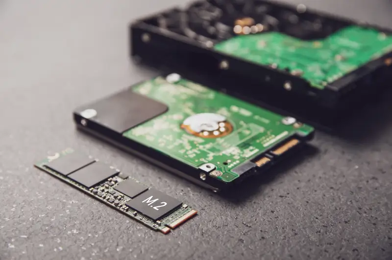Image showcasing the development of HDD and 2.5-inch and M.2 SSDs.