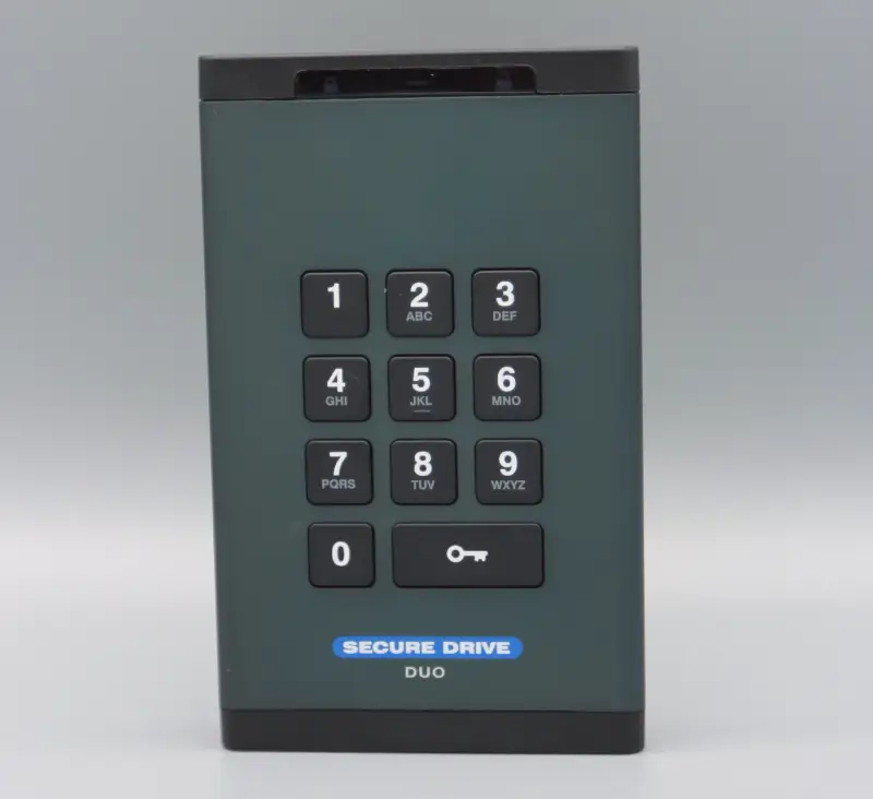 Image of the SecureDrive® DUO encrypted external drive with bluetooth functionality and a keypad.