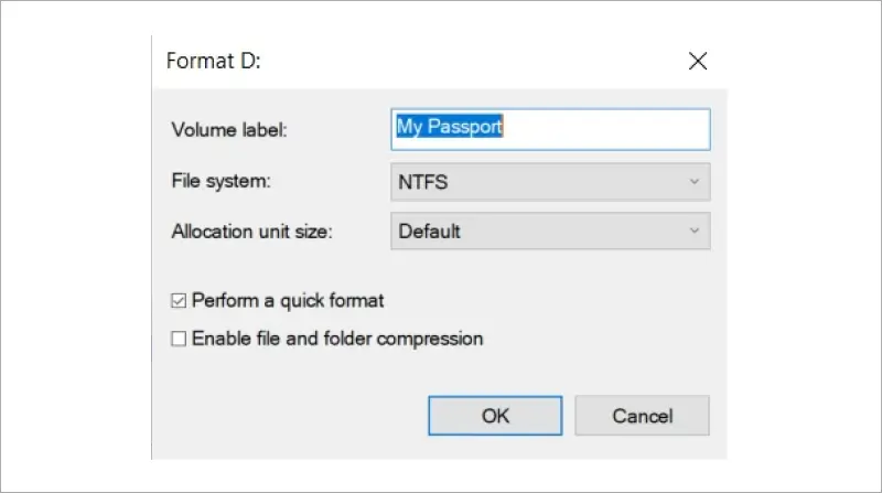 A screenshot showing the location of the format options checkboxes in the Disk Management.
