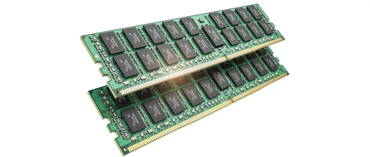 A pair of random access memory (RAM) modules on a blank background.