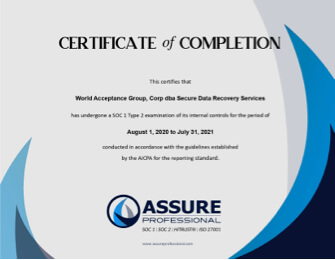 SSAE 18 SOC 1 Audit Completion Certificate