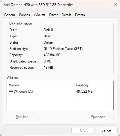 Windows disk management volumes tab