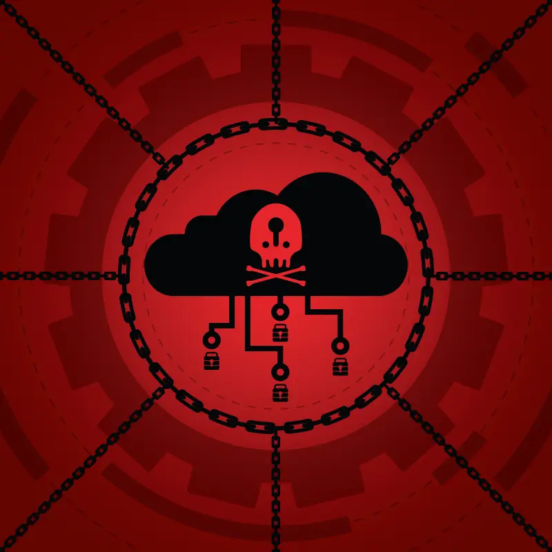 A concept showing how ransomware infects a cloud server and encrypts data on connected devices