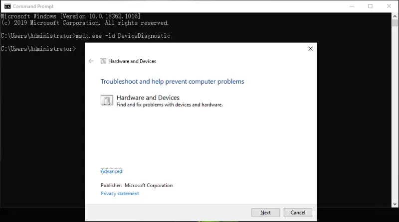 Screenshot showing the Command Prompt command to open Hardware and Device Troubleshooter