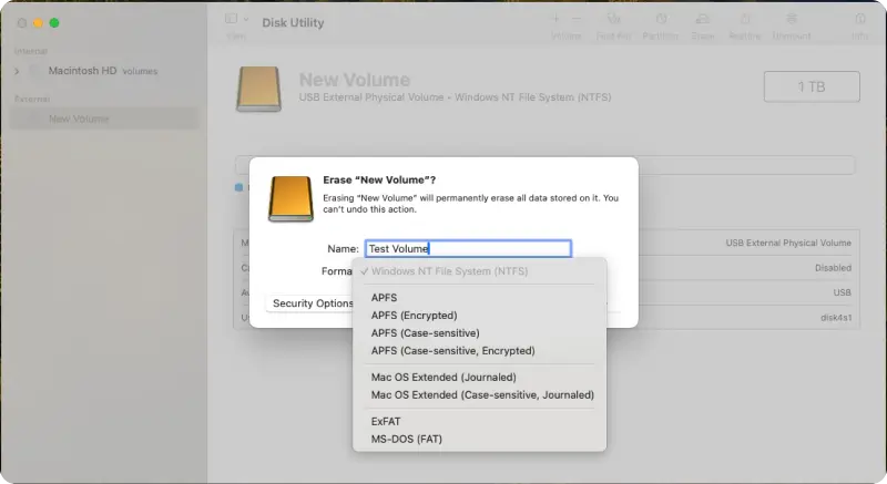 A screenshot showing the file system options in Disk Utility on macOS.