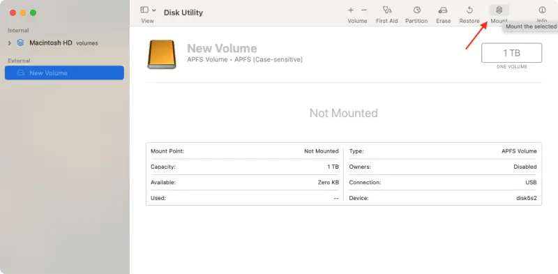 A screenshot showing the location of the Mount icon in Disk Utility on macOS.