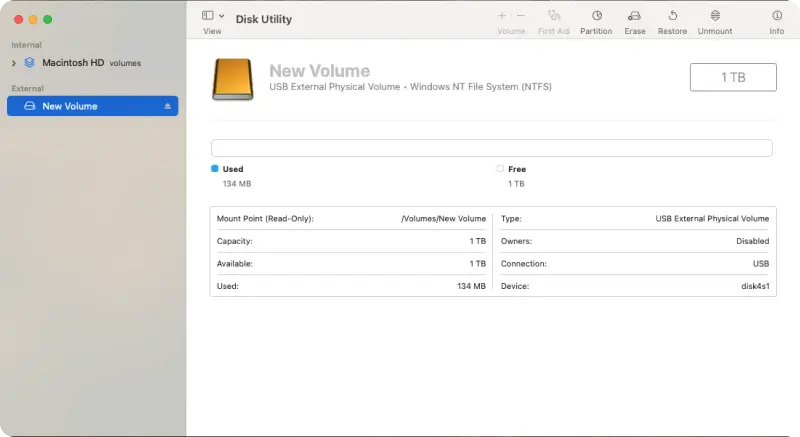A screenshot showing the selection of an external hard drive in Disk Utility on macOS.