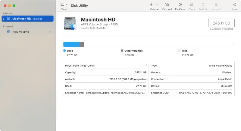 A screenshot showing the main window of Disk Utility on macOS.