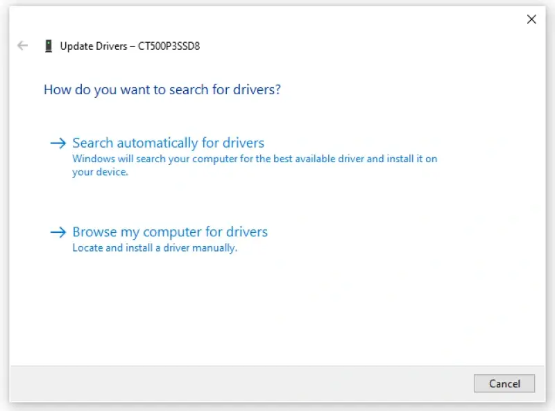 Screenshot showing options to automatically or manually install drivers