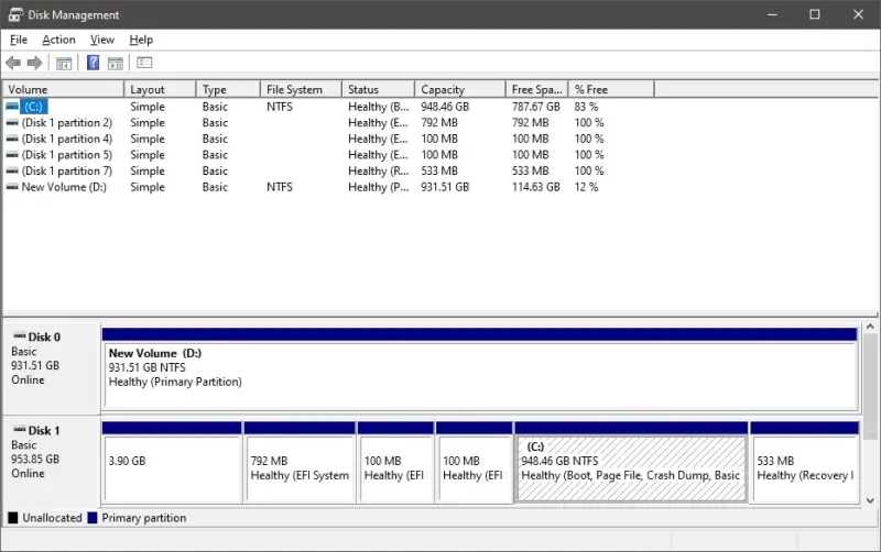 A screenshot showing the main screen of the Disk Management system utility in Windows.