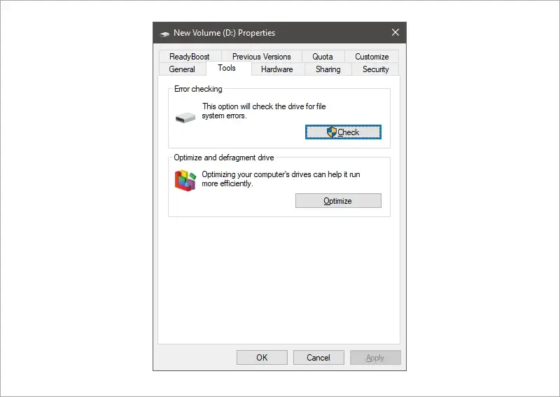 A screenshot showing the options within Disk Management for error checking.