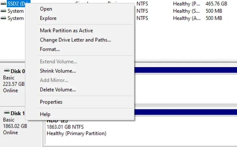 Screenshot showing a context menu within Disk Management to change drive letters and paths