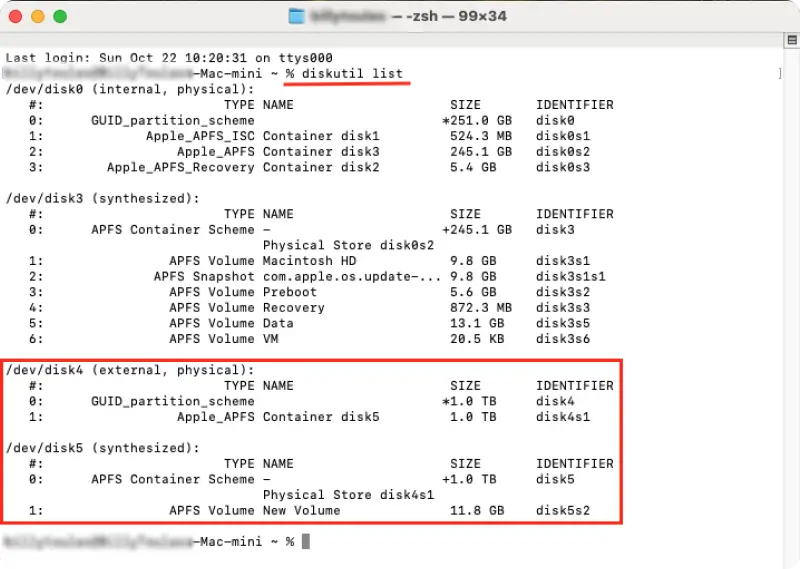 A screenshot showing the diskutil list command in Terminal on macOS.