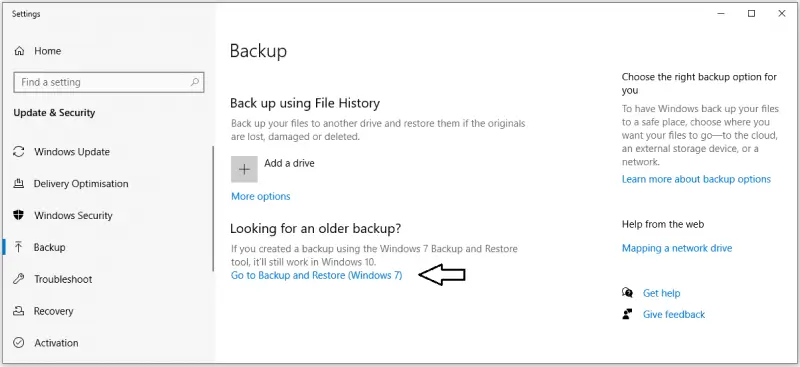 Image showing how to navigate to Backup and Restore on Windows 10