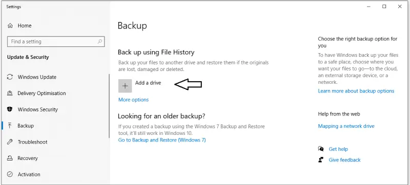 Image indicating where to select a destination drive for a File History backup on Windows 10