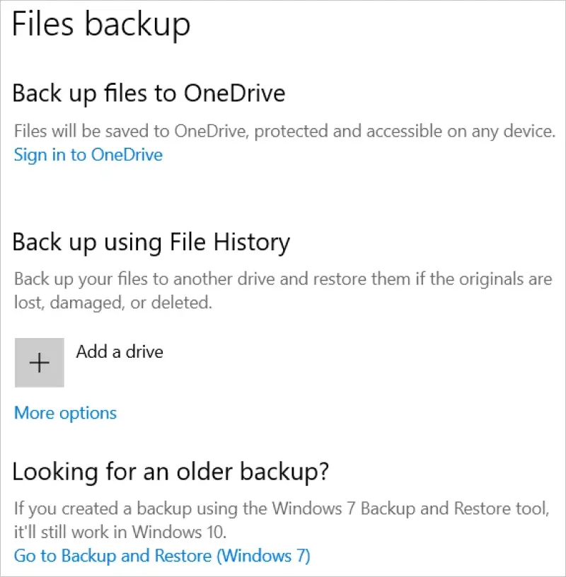 Image indicating where to select a destination drive for a File History backup on Windows 10