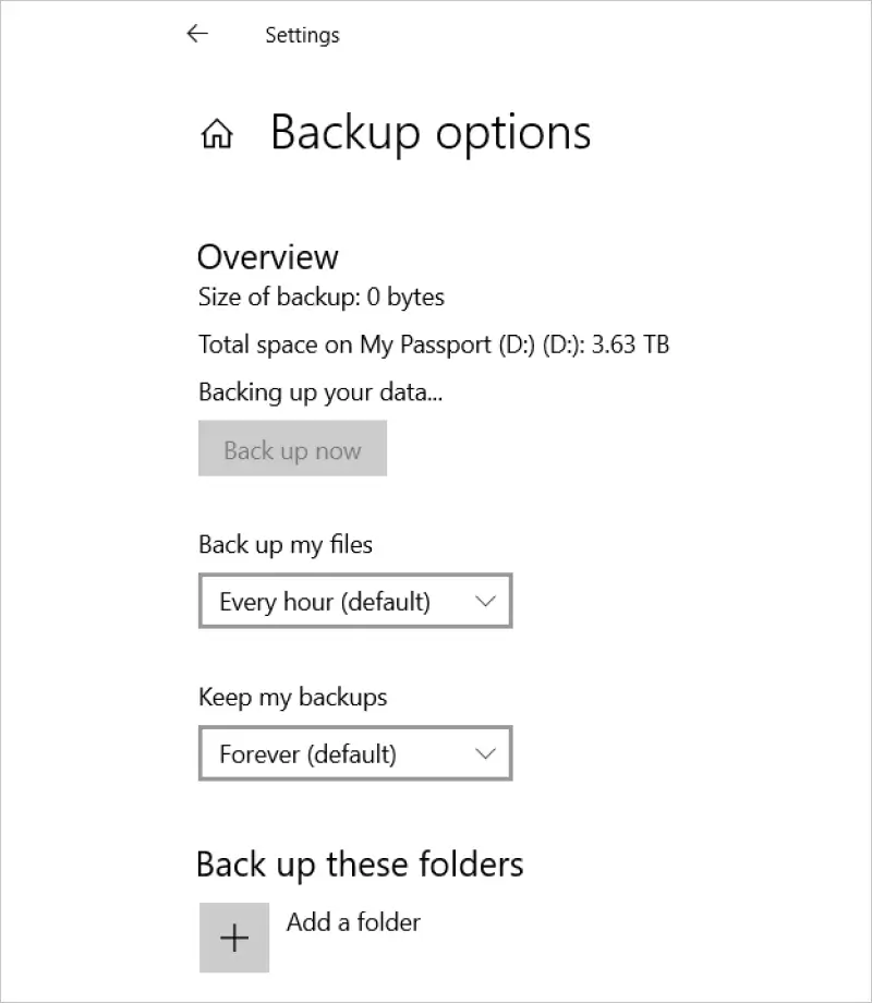 Image showing File History backup settings on Windows 10