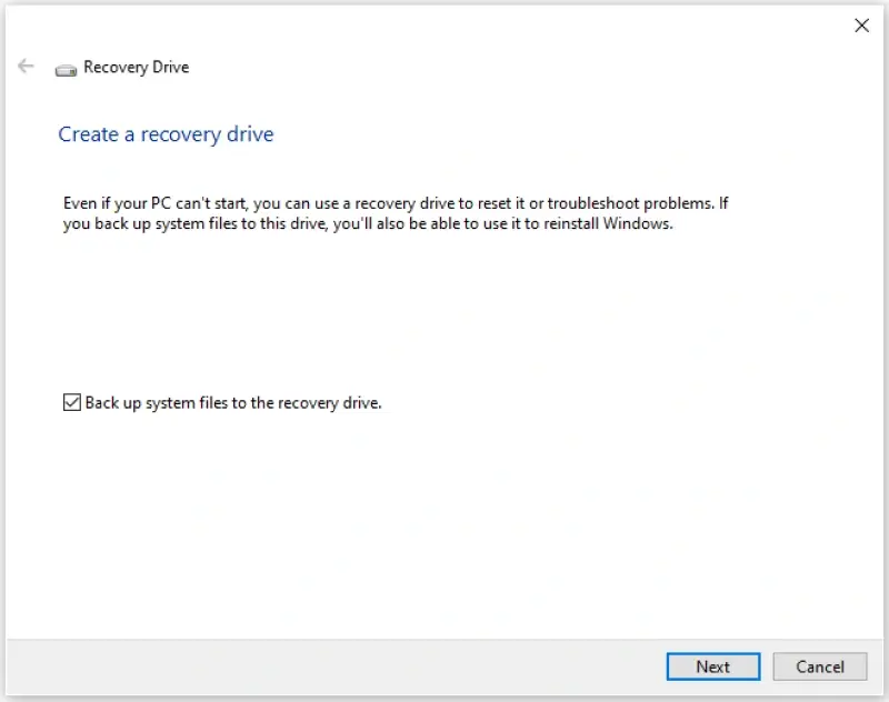 Image showing how to start the recovery drive process on Windows 10