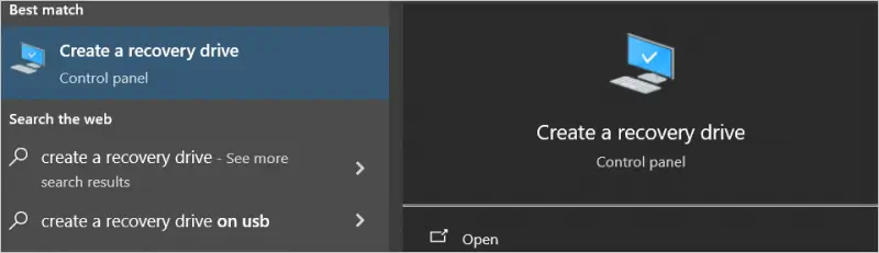 Image showing how to start the recovery drive process on Windows 10