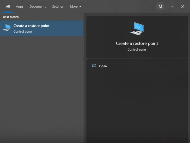 Image showing how to create a restore point on Windows 10