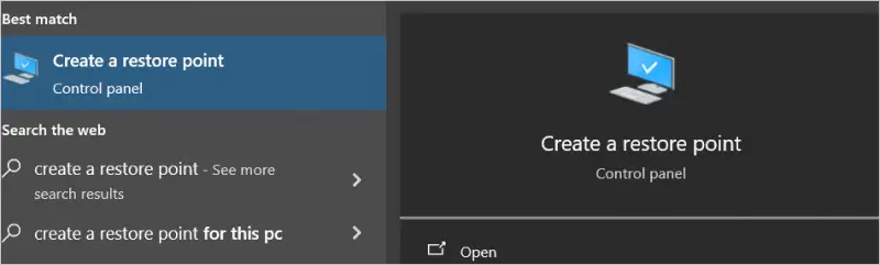 Image showing how to create a restore point on Windows 10