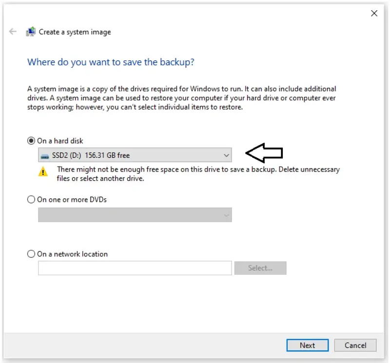 Image showing where to select the destination drive for a system image backup on Windows 10