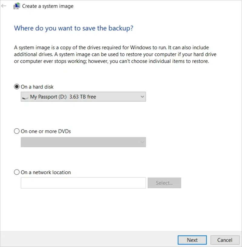 Image showing where to select the destination drive for a system image backup on Windows 10