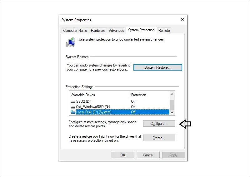 Image showing how to configure restore settings in System Properties on Windows 10