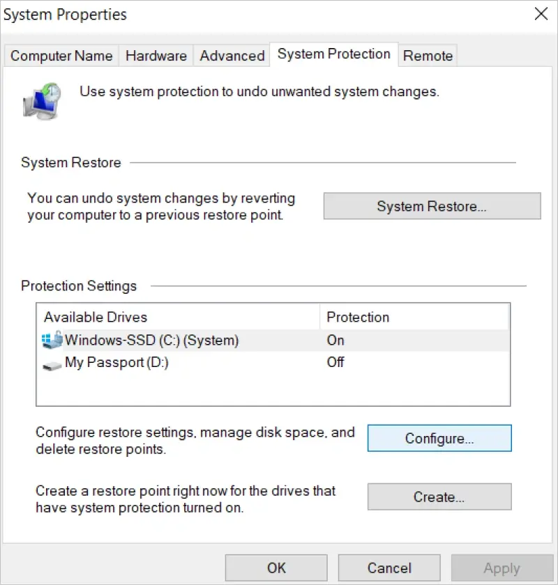 Image showing how to configure restore settings in System Properties on Windows 10