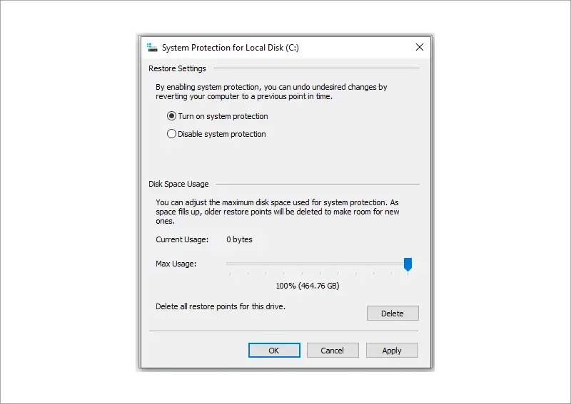 Image showing to allocate space for system restore point creation on Windows 10