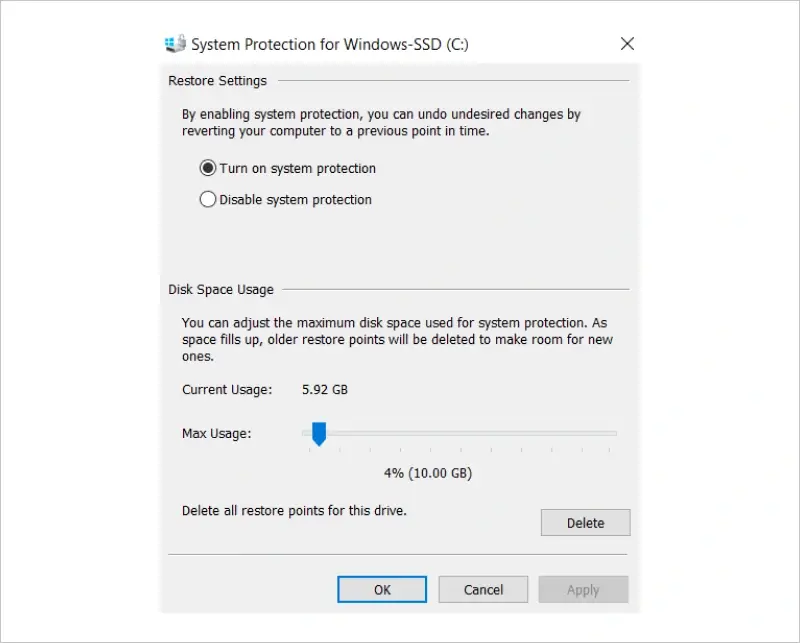 Image showing to allocate space for system restore point creation on Windows 10