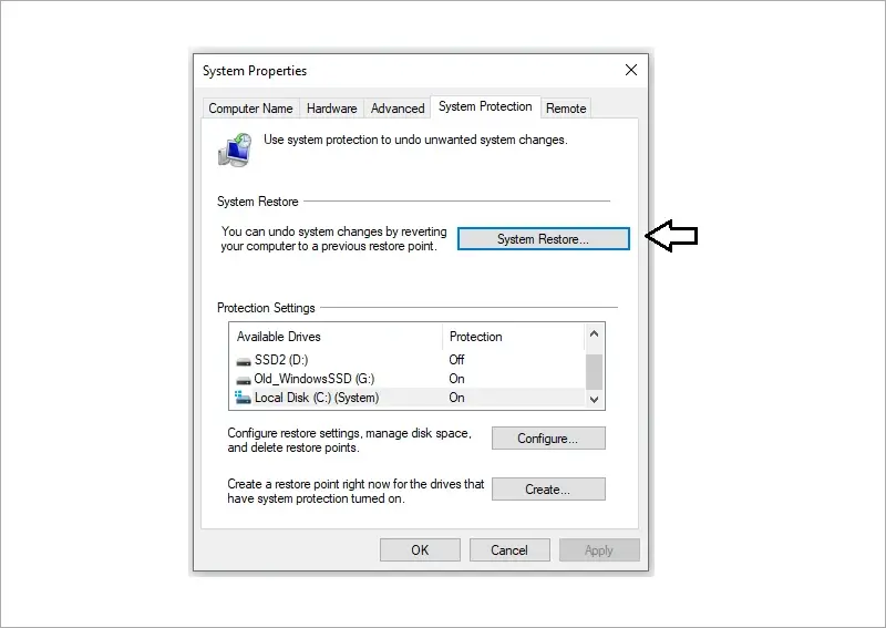 Image showing how to navigate to System Restore on Windows 10