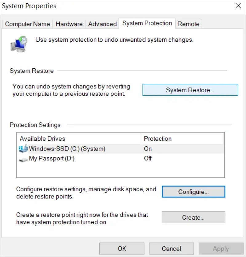 Image showing how to navigate to System Restore on Windows 10