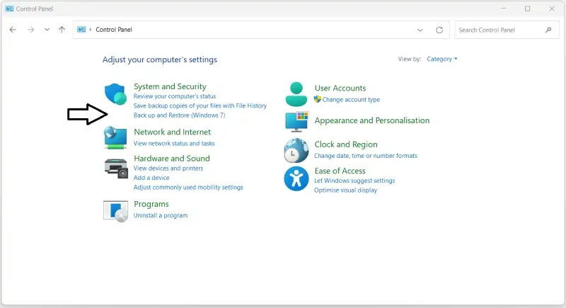 Image showing how to navigate to Backup and Restore on Windows 11