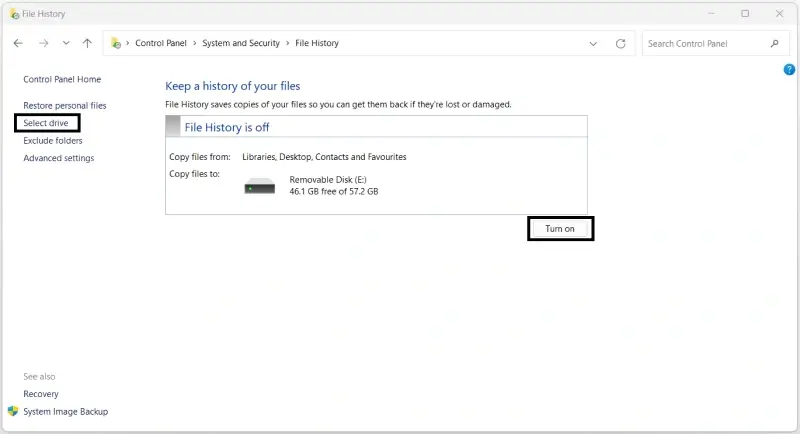 Image indicating where to select a destination drive for a File History backup on Windows 11