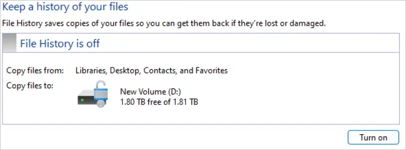 Image indicating where to select a destination drive for a File History backup on Windows 11