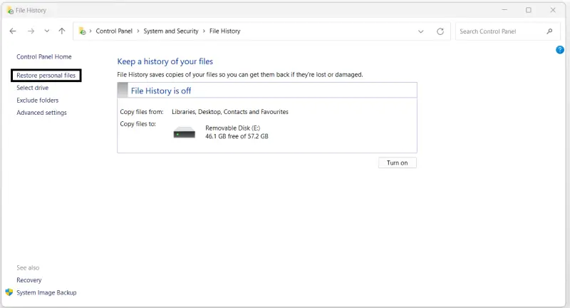 Image showing how to restore a File History backup on Windows 11