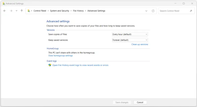 Image showing File History backup settings on Windows 11