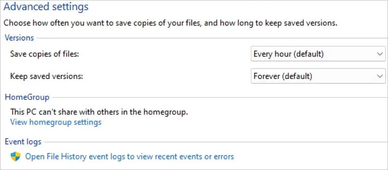 Image showing File History backup settings on Windows 11