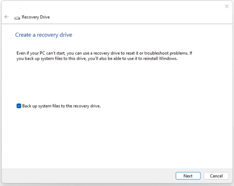 Image showing how to start the recovery drive process on Windows 11