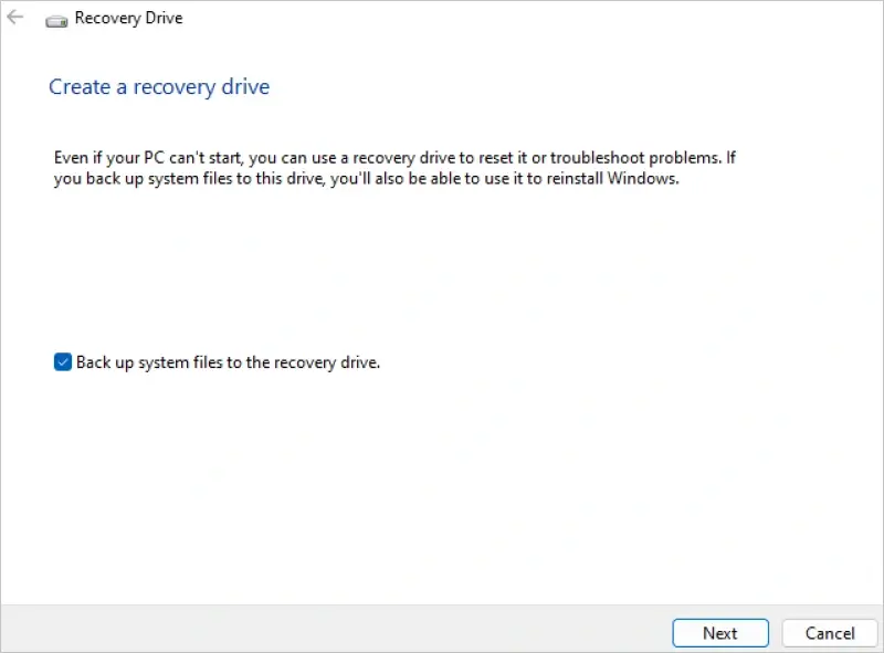 Image showing how to start the recovery drive process on Windows 11