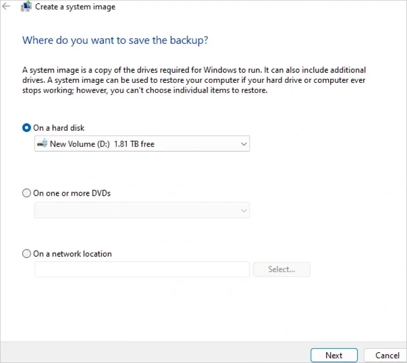 Image showing where to select the destination drive for a system image backup on Windows 11