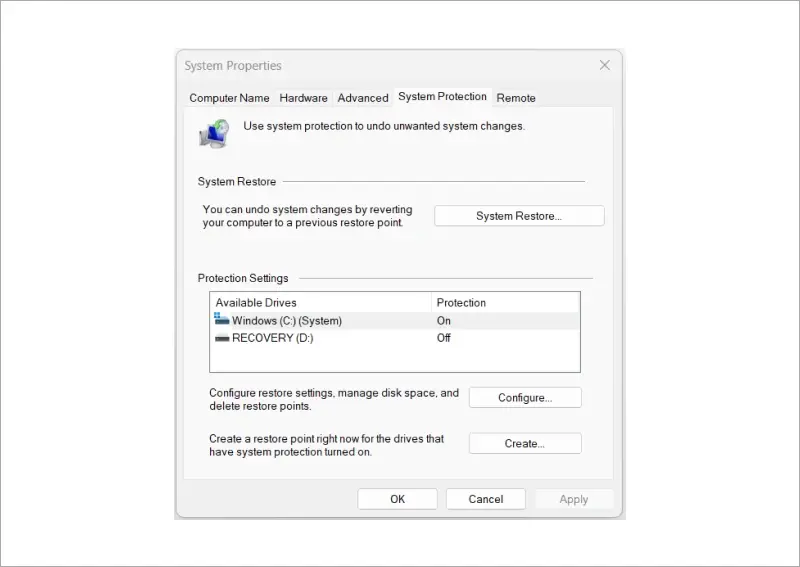 Image showing how to configure restore settings in System Properties on Windows 11
