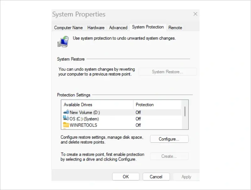 Image showing how to configure restore settings in System Properties on Windows 11