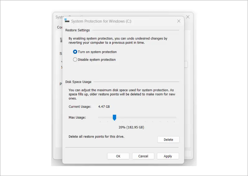 Image showing to allocate space for system restore point creation on Windows 11