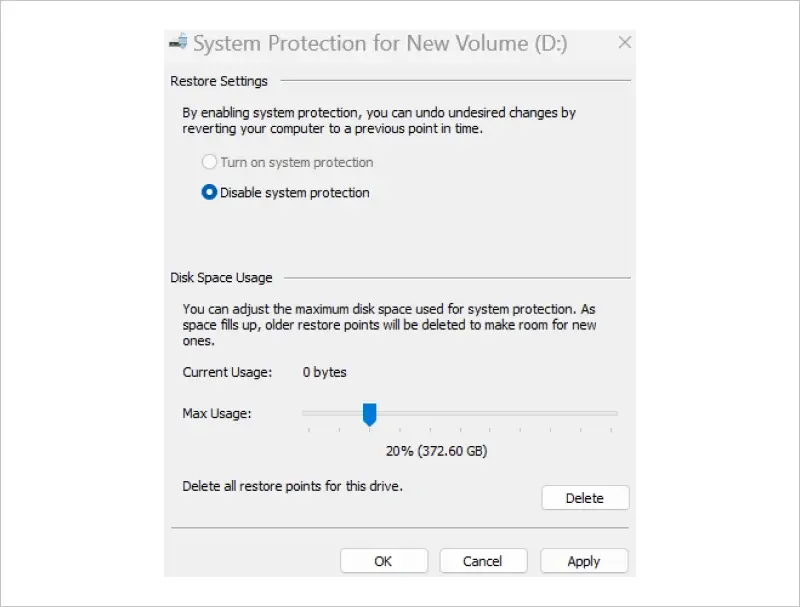 Image showing to allocate space for system restore point creation on Windows 11