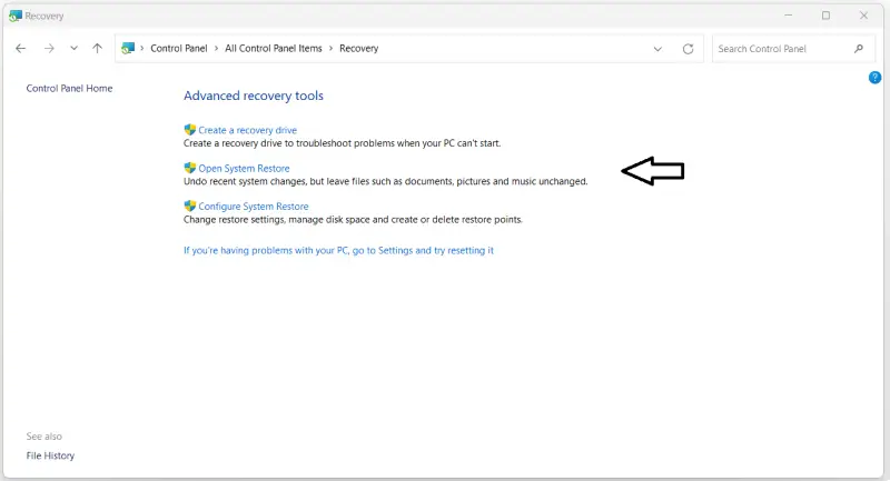 Image showing how to navigate to System Restore on Windows 11