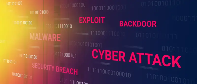 A concept showing common cyber attacks methods on a background with binary data.